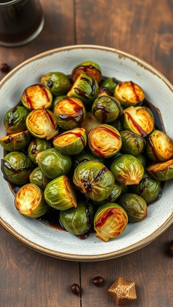 A bowl of roasted Brussels sprouts drizzled with balsamic glaze.