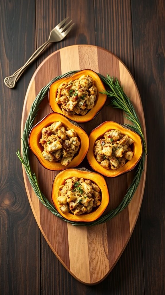 Stuffed acorn squash bites on a wooden platter