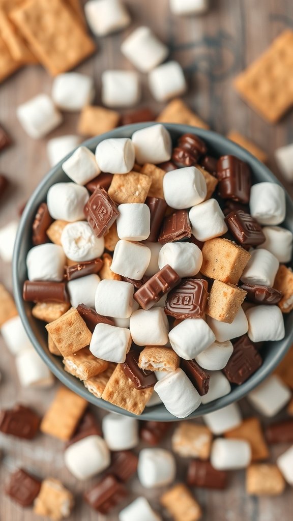 A bowl of s'mores trail mix with graham crackers, marshmallows, and chocolate.