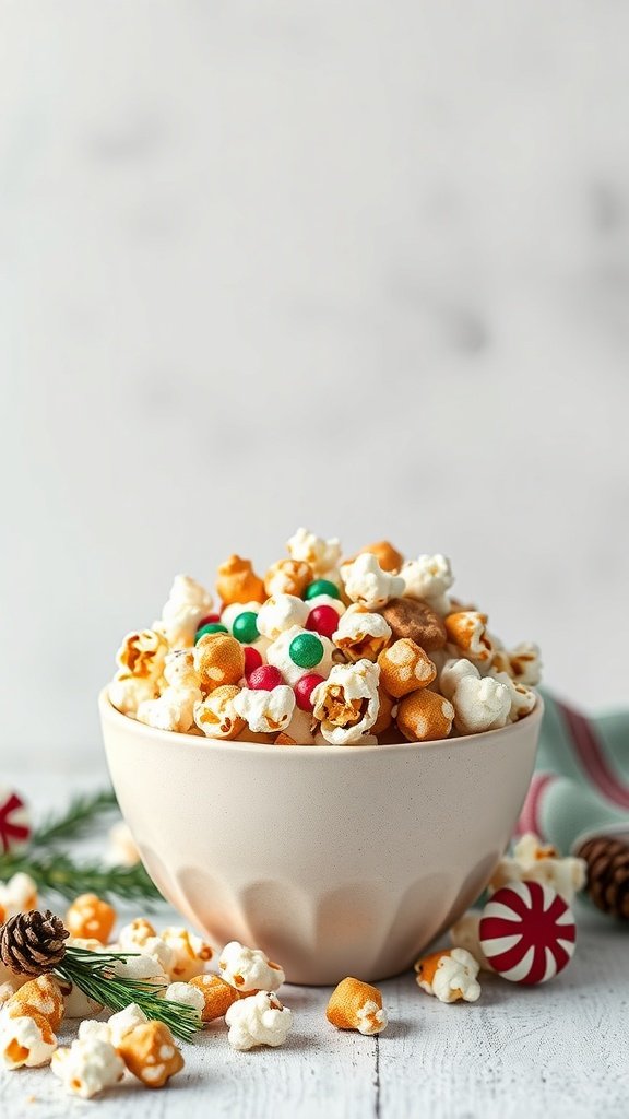A bowl of gingerbread popcorn with colorful candies and festive decorations.