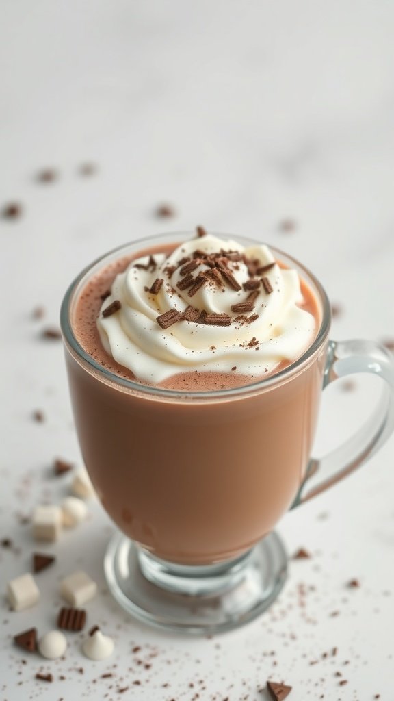 A glass of rich hot chocolate topped with whipped cream and chocolate shavings.