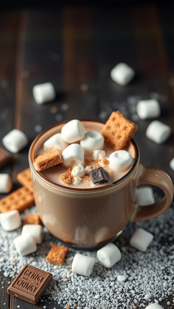 A cozy cup of s'mores hot chocolate topped with marshmallows and graham crackers.