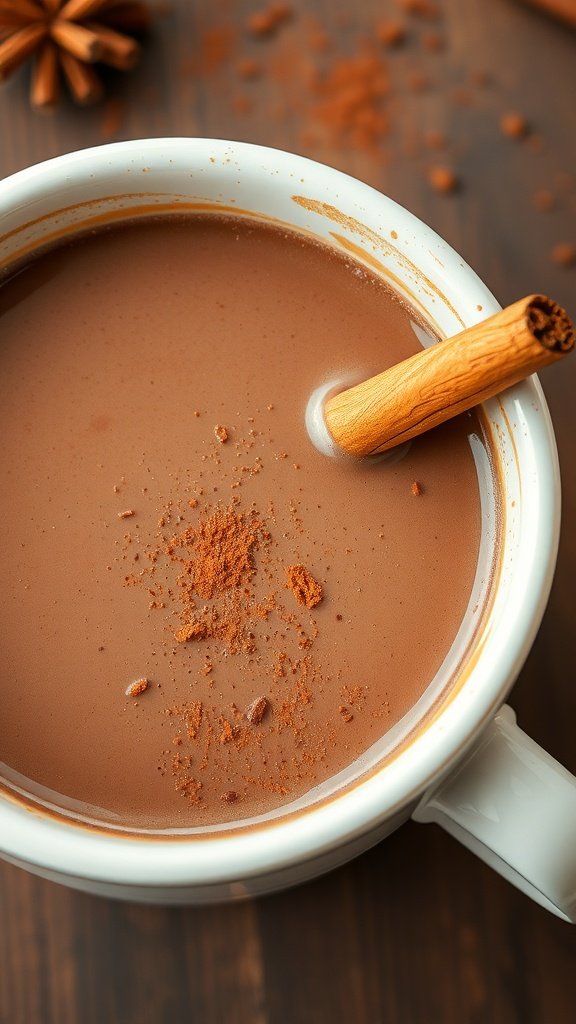 A cup of spicy Mexican hot chocolate with a cinnamon stick and a sprinkle of cocoa on top.