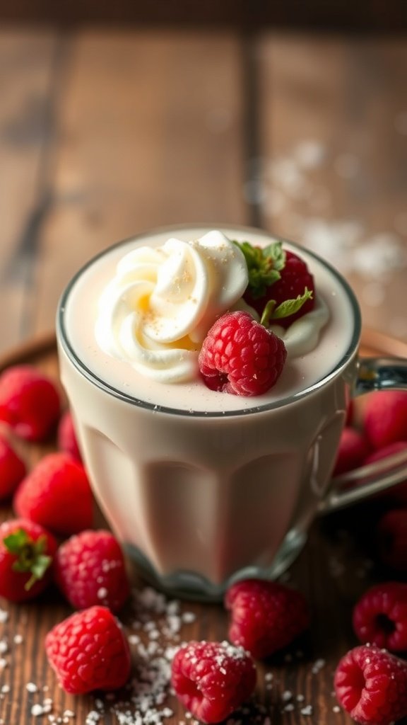 A cup of white chocolate raspberry hot chocolate topped with whipped cream and fresh raspberries.
