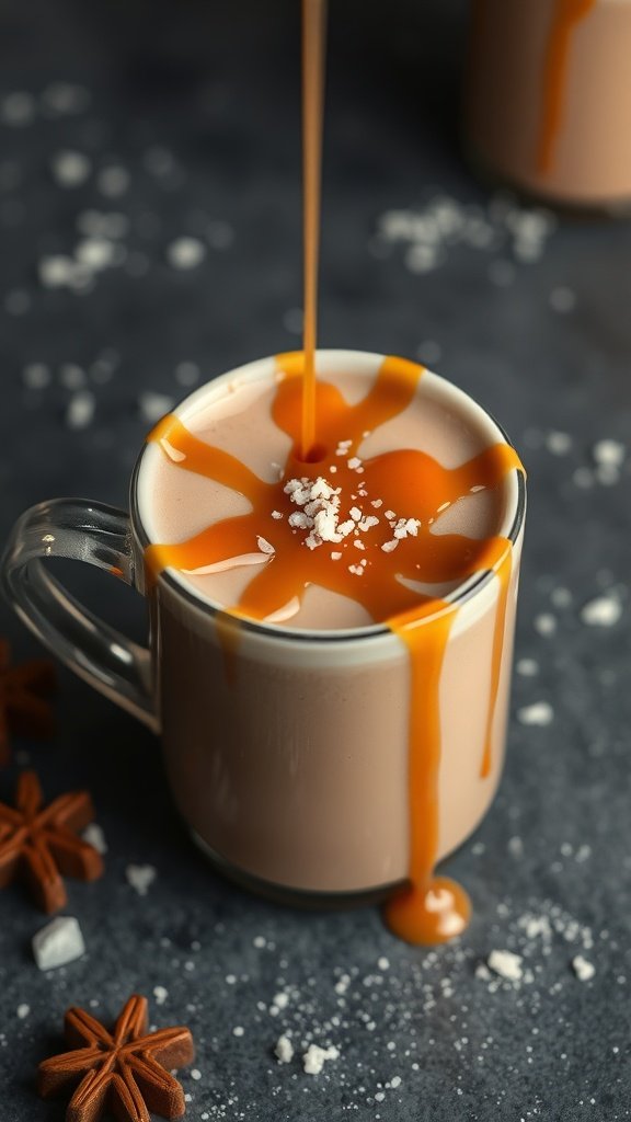 A mug of salted caramel hot chocolate with caramel drizzle and sea salt on top.