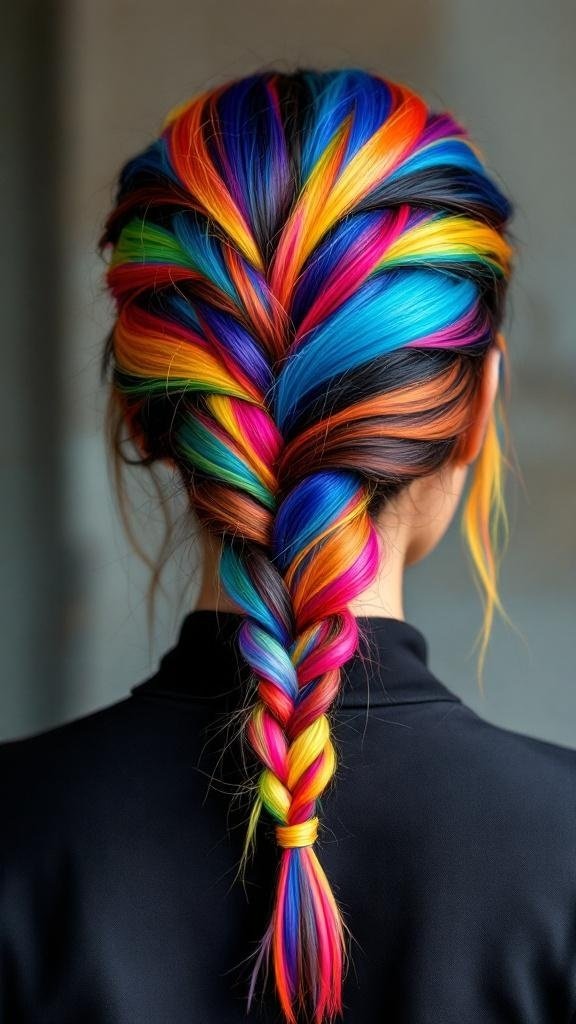 A colorful Dutch braid featuring vibrant shades of pink, blue, and orange.