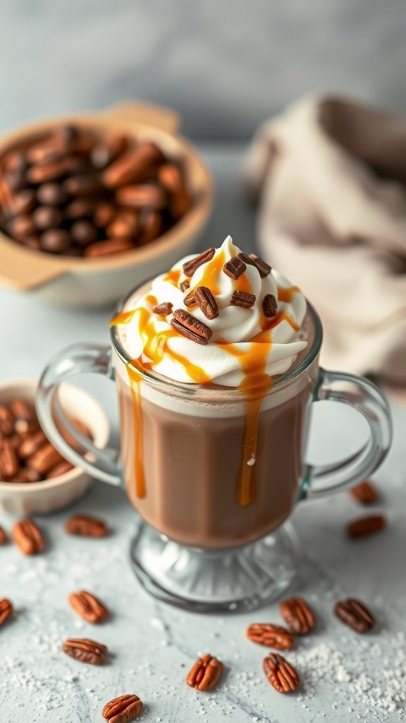 A delicious turtle hot chocolate topped with whipped cream, caramel drizzle, and pecans.
