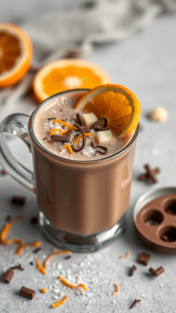 A mug of orange zest hot chocolate topped with orange slices and chocolate shavings.