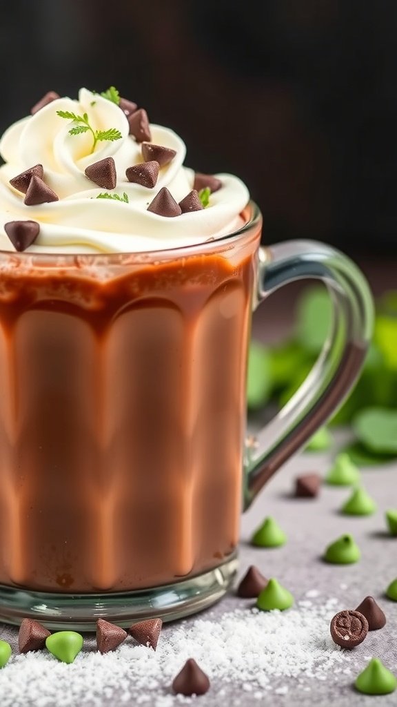 A delicious cup of mint chocolate chip hot chocolate topped with whipped cream and chocolate chips.