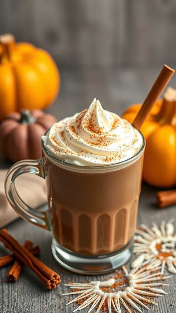 A glass of pumpkin spice hot chocolate topped with whipped cream and cinnamon, surrounded by pumpkins and cinnamon sticks.