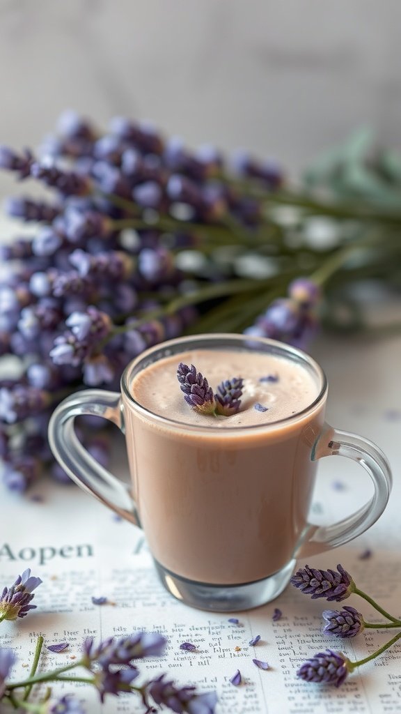 A cup of lavender vanilla hot chocolate with lavender flowers in the background.