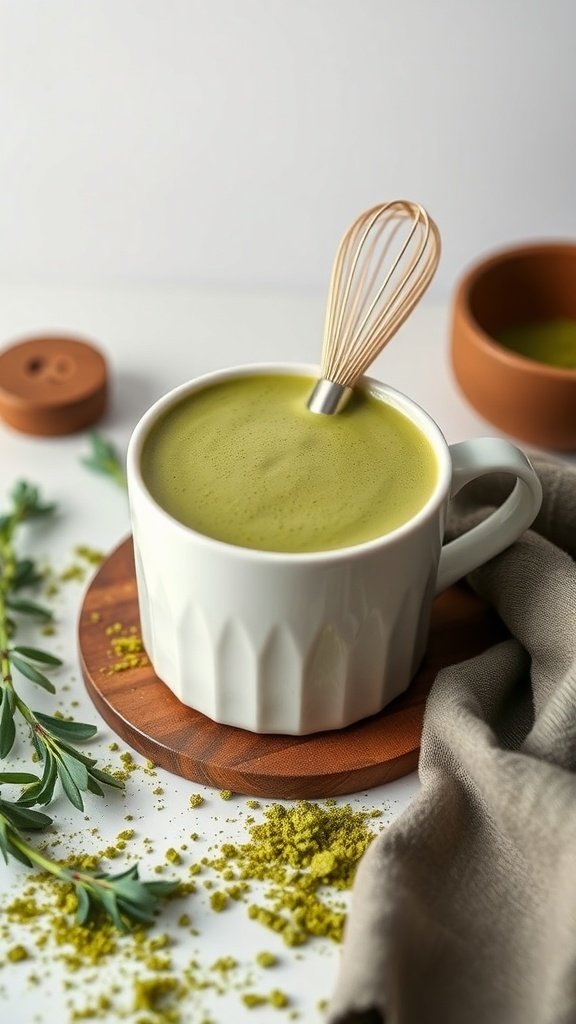 A cup of matcha hot chocolate with a whisk, surrounded by matcha powder and greenery.