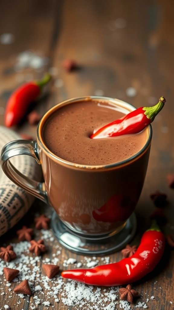 A cup of hot chocolate topped with a chili pepper, surrounded by chocolate pieces and spices.