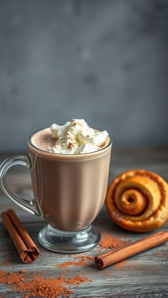 A glass of hot chocolate topped with whipped cream and cinnamon, next to a cinnamon roll and cinnamon sticks.