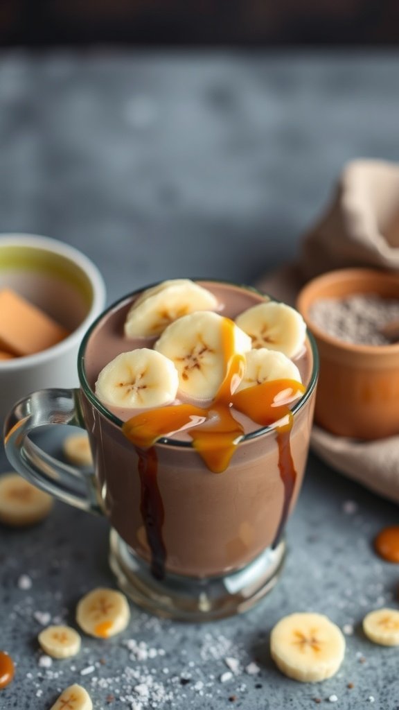 A glass of hot chocolate topped with banana slices and caramel drizzle.