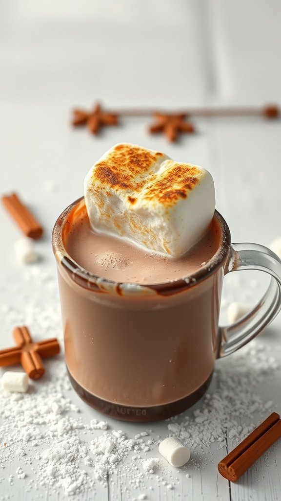 A mug of hot chocolate topped with a toasted marshmallow, surrounded by cinnamon sticks and marshmallows.