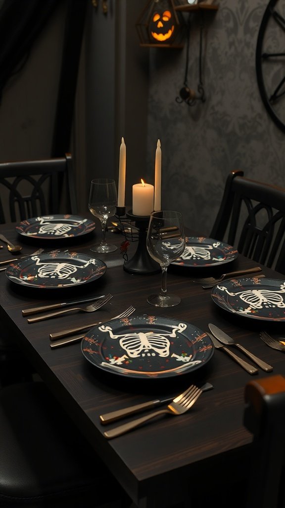 A Halloween-themed table setting with skeleton plates, candles, and elegant glassware.