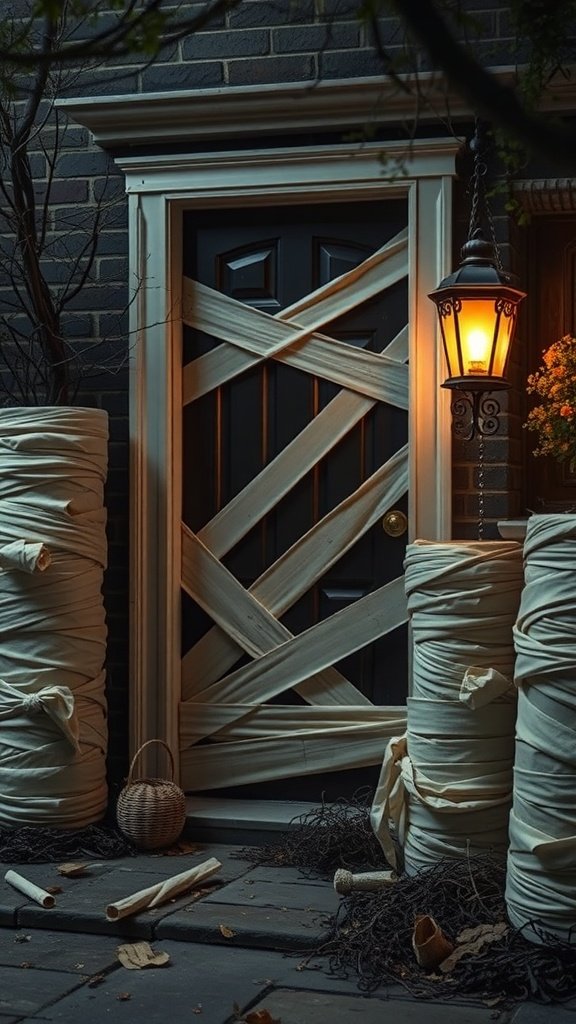 A front door wrapped in white fabric resembling a mummy, with lanterns and decorations for Halloween.
