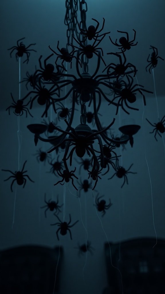 A chandelier adorned with hanging black spiders, creating a spooky Halloween atmosphere.