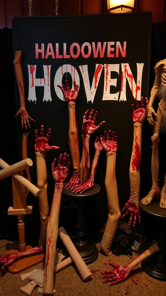 A display of gory Halloween props featuring fake arms and hands with blood effects.