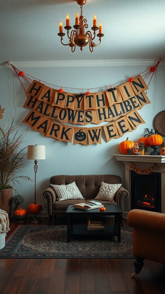 A rustic Halloween banner with the words 'HAPPY HALLOWEEN' displayed in a cozy living room setting.