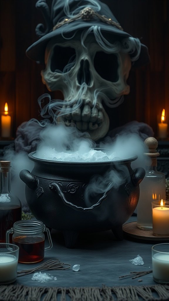 A witch's cauldron with smoke, surrounded by potion bottles and candles.