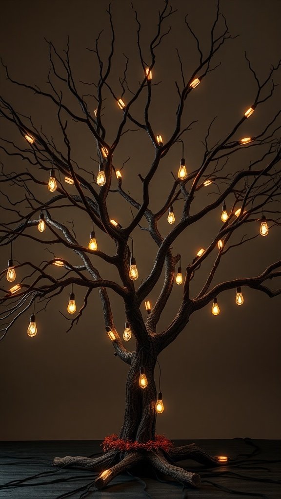 A spooky tree branch arrangement with lights and a decorative base.