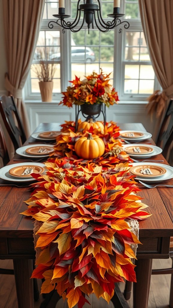 A Thanksgiving table set with an autumn leaf table runner, featuring vibrant leaves, a pumpkin centerpiece, and decorative plates.