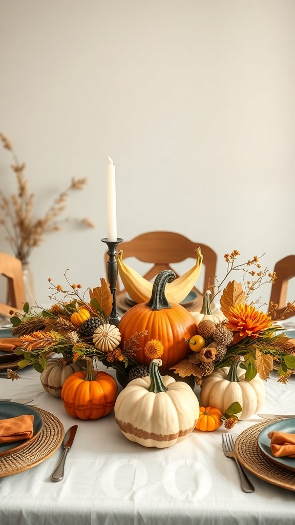 A beautiful Thanksgiving table centerpiece featuring various pumpkins and gourds, surrounded by flowers and greenery.