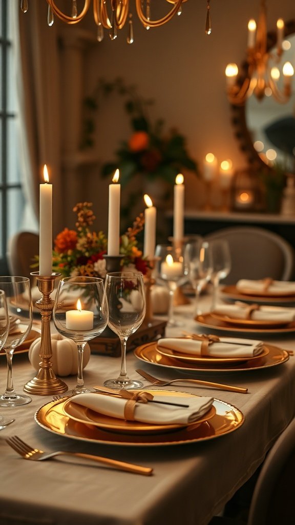 Thanksgiving table setting with gold accents, candles, and flowers.