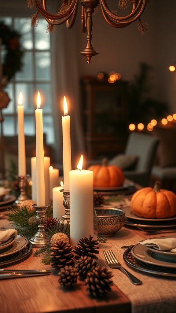 Thanksgiving table set with candles, pinecones, and pumpkins