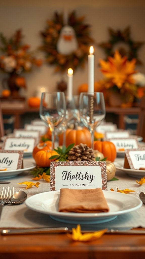 Thanksgiving table set with personalized place cards and autumn decorations.