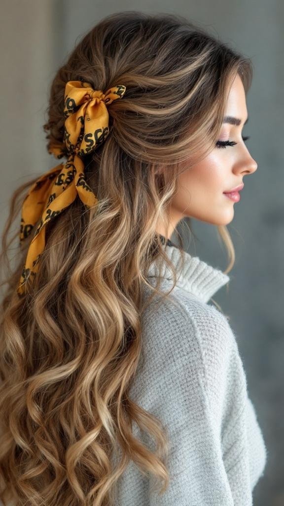 A woman with long, wavy hair styled with a yellow scarf.