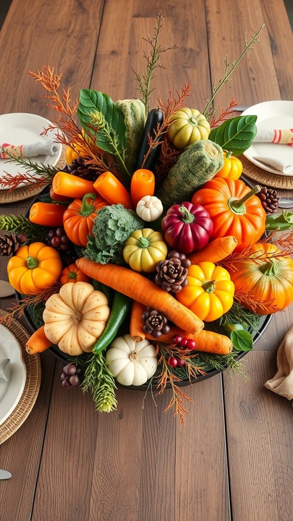 A rustic centerpiece featuring a variety of seasonal vegetables including pumpkins, carrots, and greens.