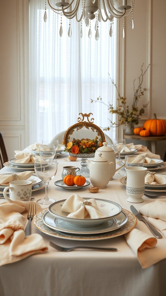 A beautifully set Thanksgiving table featuring vintage china, linen napkins, and seasonal decor.