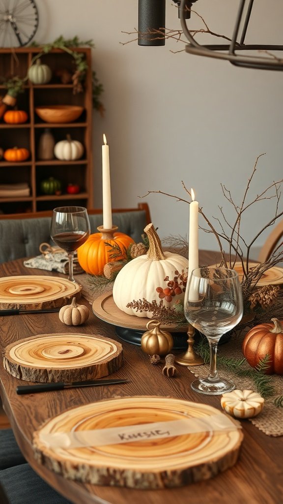 A Thanksgiving table set with natural wood elements, featuring wooden chargers, pumpkins, and candles.
