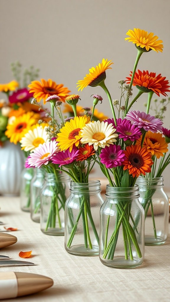 Colorful flower arrangements in mason jars on a table