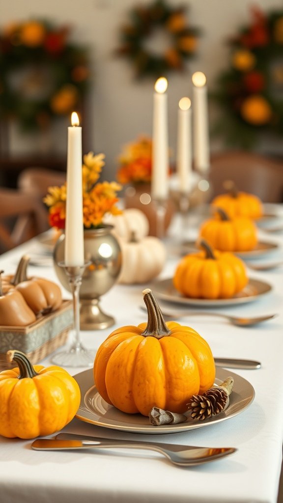 A beautifully set Thanksgiving table with miniature pumpkins as place settings.