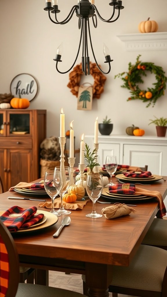 Thanksgiving table with plaid accents, featuring candles, glasses, and pumpkins.