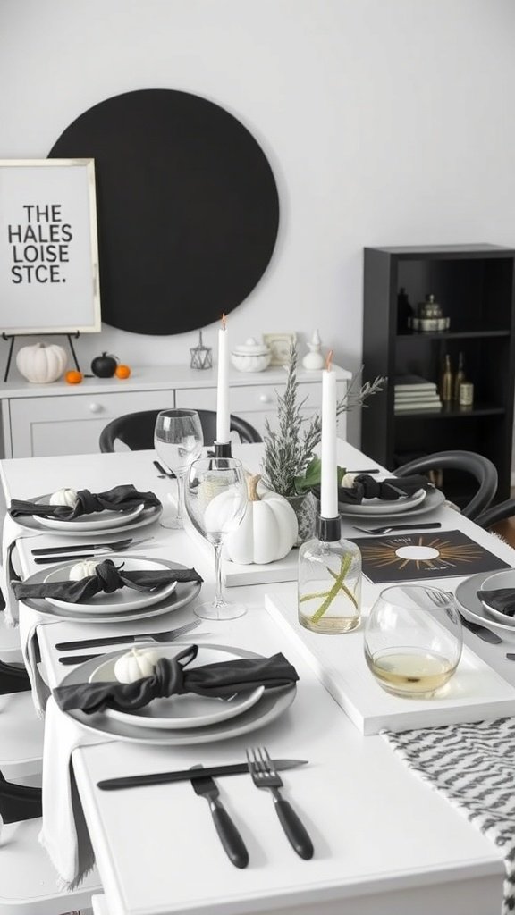 A stylish black and white Thanksgiving table setting with elegant tableware and seasonal decor.