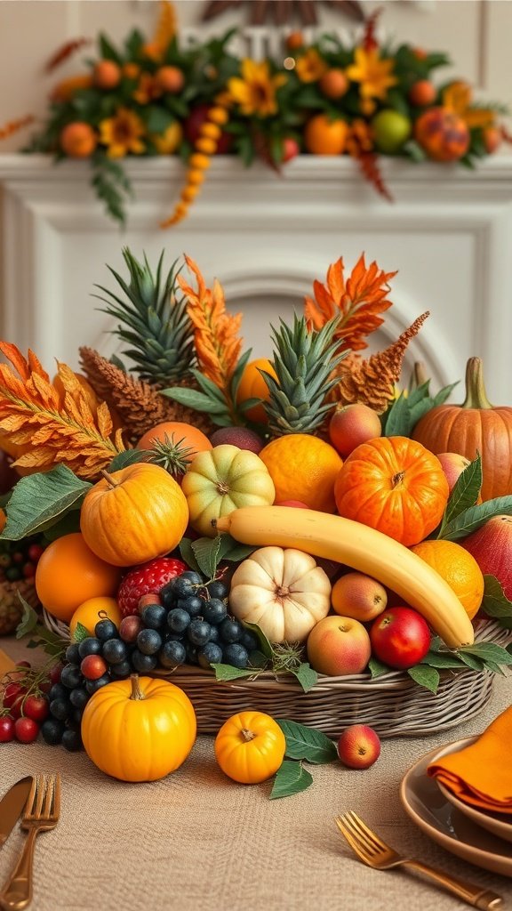 A beautiful arrangement of colorful fruits including pumpkins, apples, and grapes in a basket.