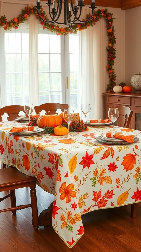 A beautifully set Thanksgiving table with a colorful tablecloth featuring autumn leaves and pumpkins.