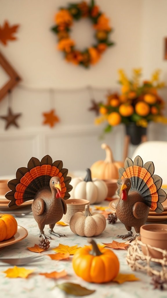 A Thanksgiving table decorated with whimsical turkey figurines, pumpkins, and autumn leaves.