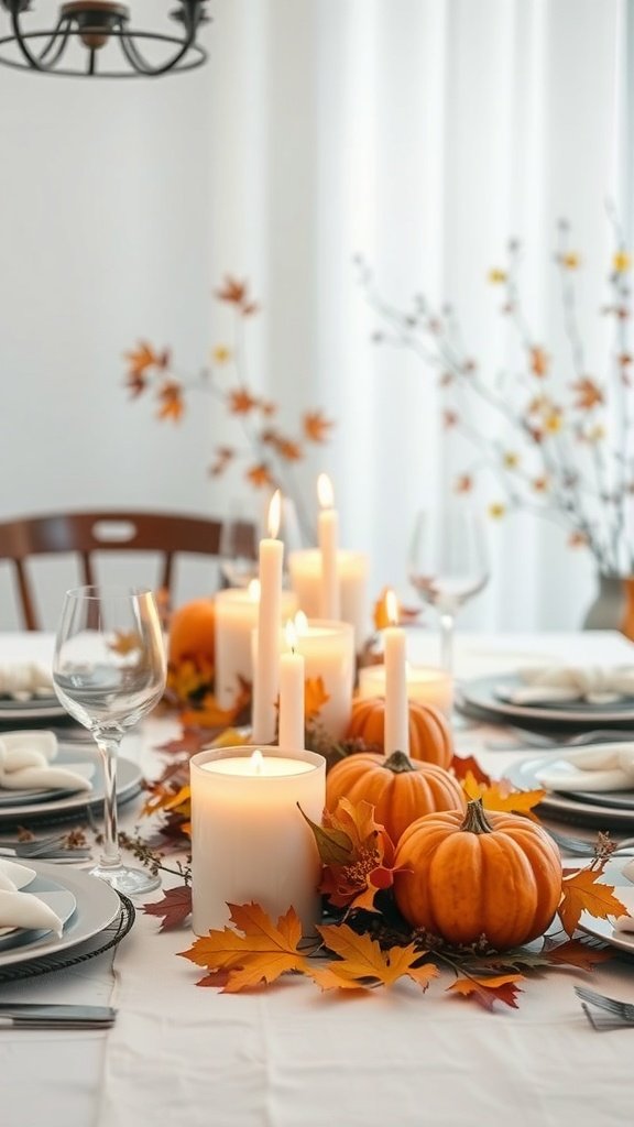Thanksgiving table decorated with scented candles, pumpkins, and autumn leaves.