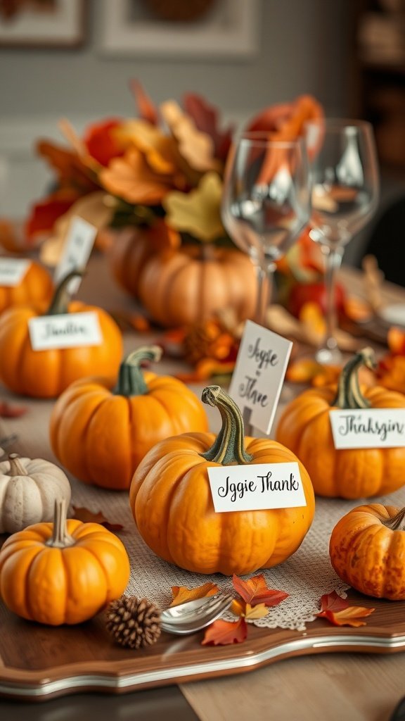 A Thanksgiving table featuring pumpkins with name tags for guests.