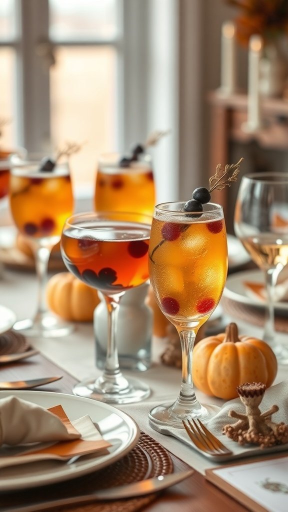 A beautifully set Thanksgiving table featuring elegant glassware filled with seasonal drinks, pumpkins, and decorative elements.