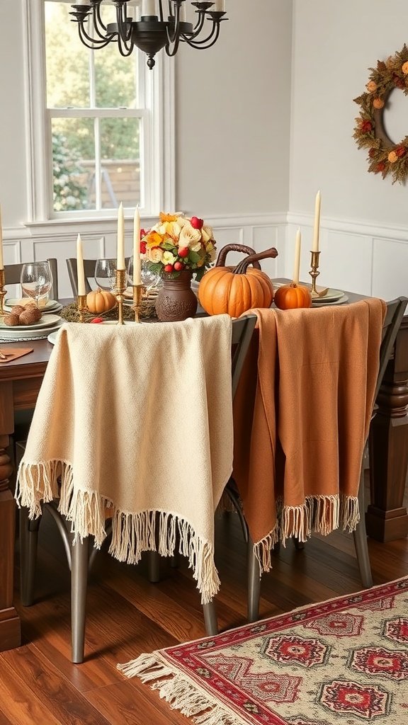 Thanksgiving table setting with cozy blanket throws