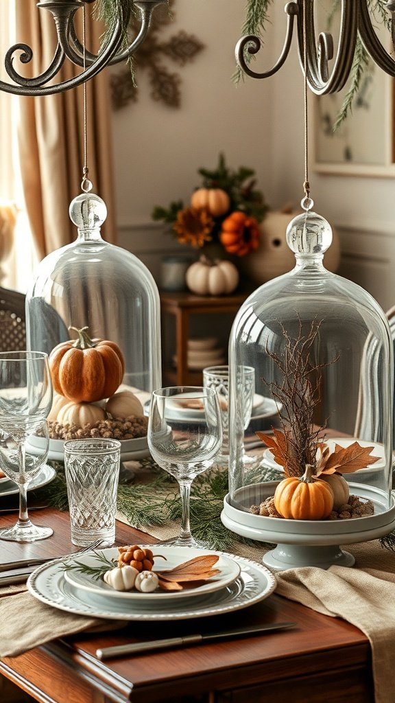A beautifully set Thanksgiving table featuring glass cloche displays with pumpkins and decorative elements.