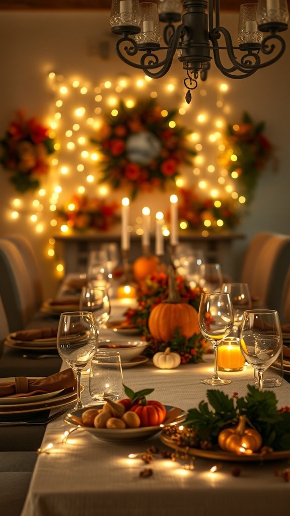 A beautifully set Thanksgiving table with fairy lights and autumn decorations.