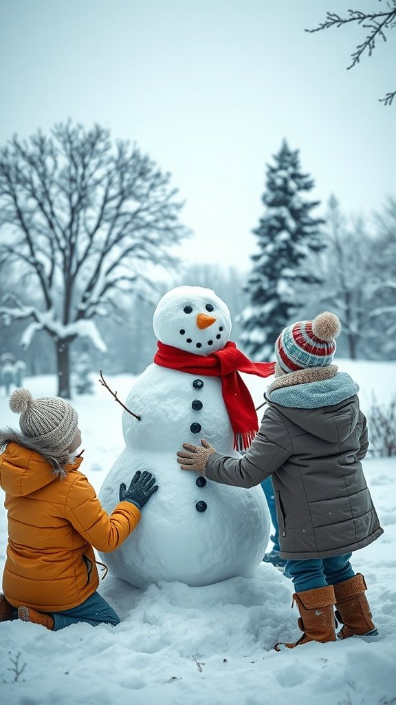 Two children building a snowman in a snowy landscape.